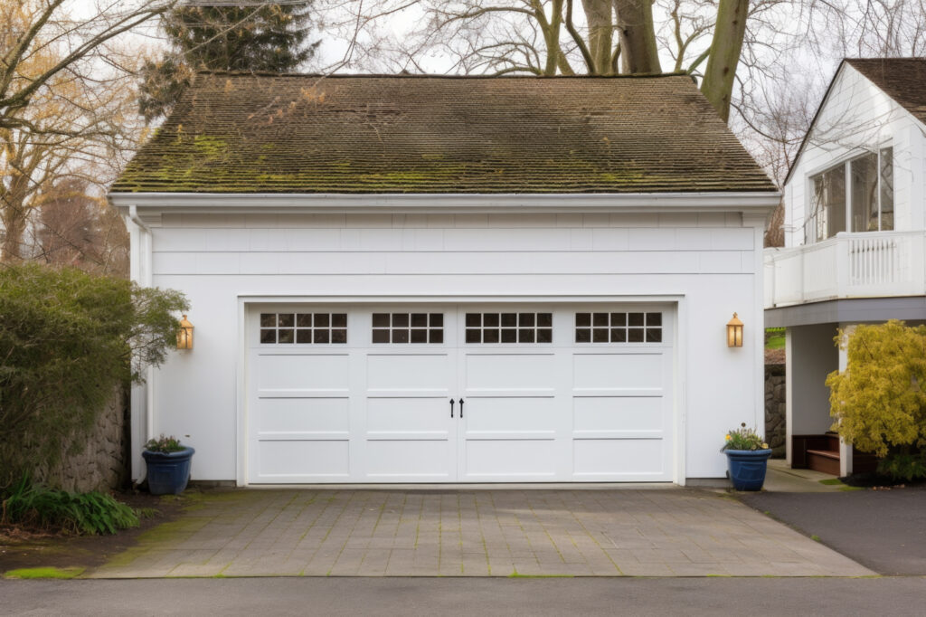 White residential garage door with windows in Canadian home driveway