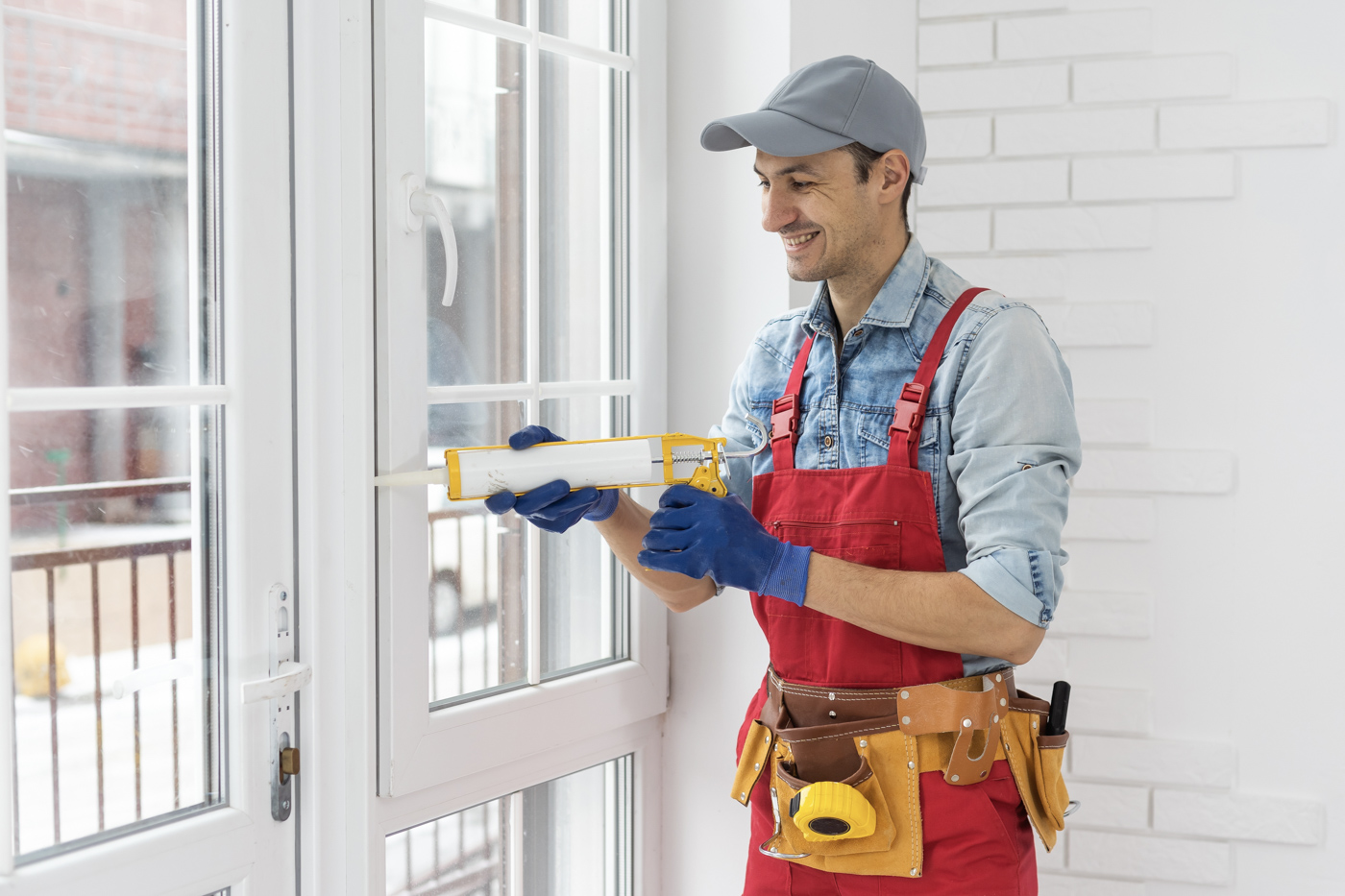 Technician caulking window installation
