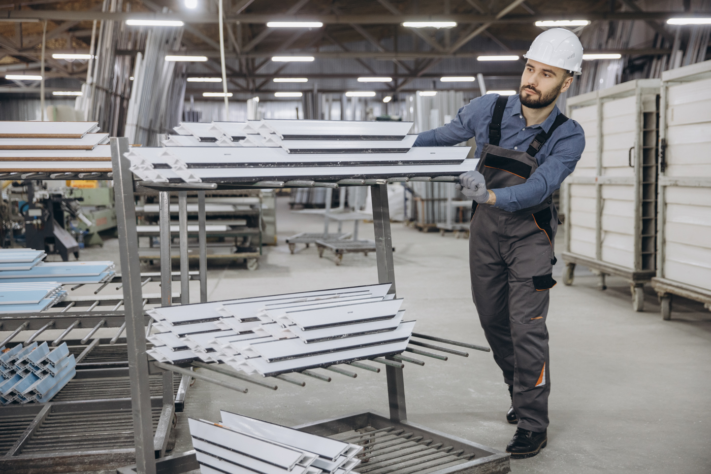Worker handling window panels in factory
