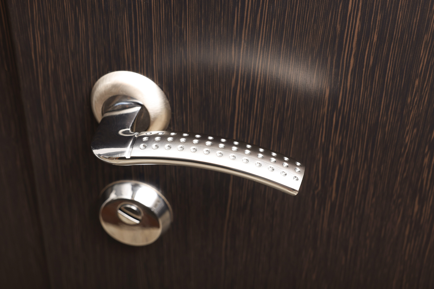 Modern door handle and lock on wood door