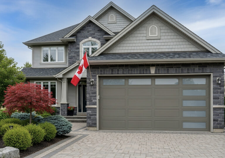 Contemporary Ontario home with double garage doors and manicured front yard